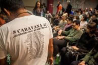 A shirt worn by Felipe de la cruz Sandoval reads "Los Quermos Vivos" or "We Want Them Alive," at Caravana 43 Calling for Justice: A Dialogue with Relatives of Ayotzinapa's.