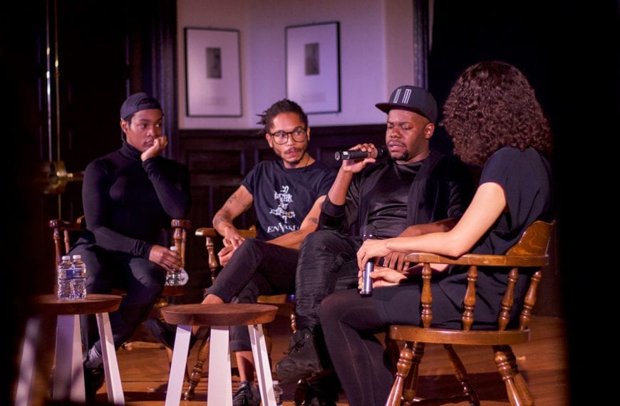 IMMA, Jeremy Toussaint-Baptiste, and Jaamil Olawale Kosoko at the keynote talk with organizer Christina Knight.