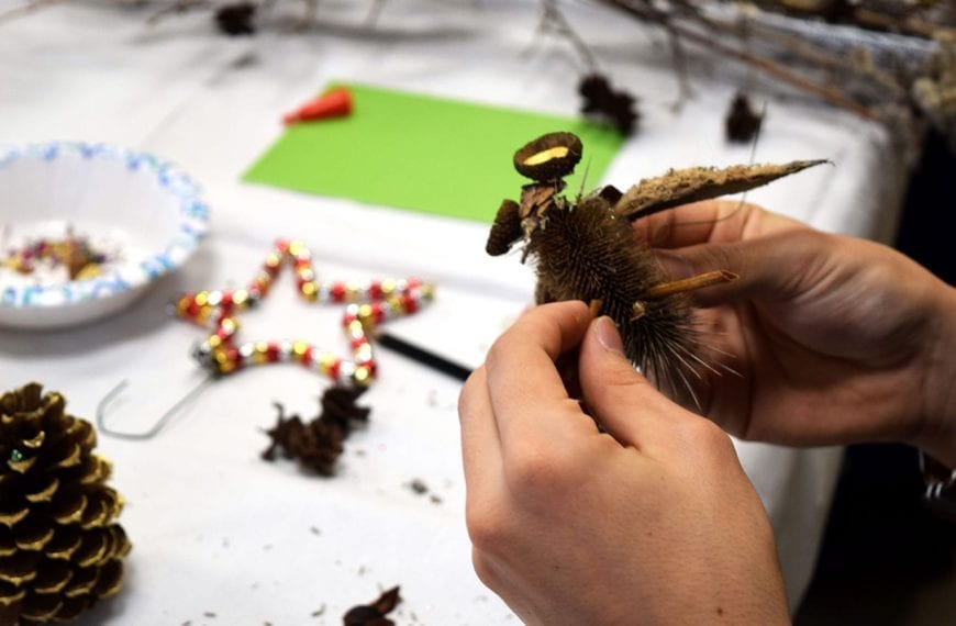 Creating an acorn ornament.