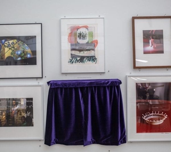 Photos, including one under a curtain, in the color photography show.