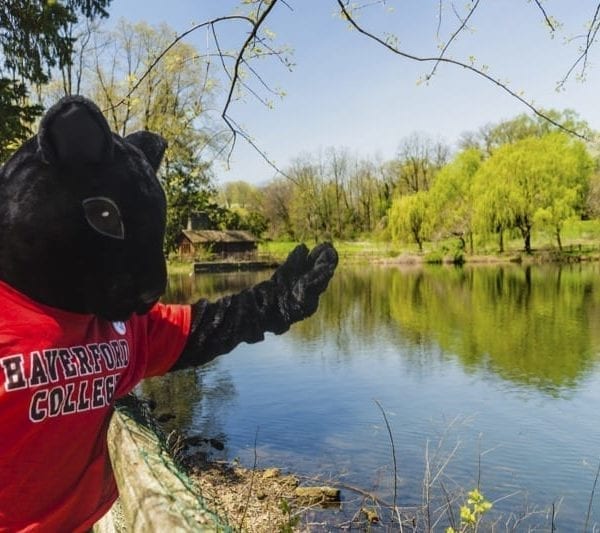 The Haverford black squirrel mascot at the Duck Pond