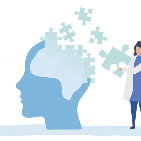 Illustration of a doctor putting together puzzle pieces in a brain