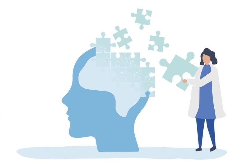 Illustration of a doctor putting together puzzle pieces in a brain