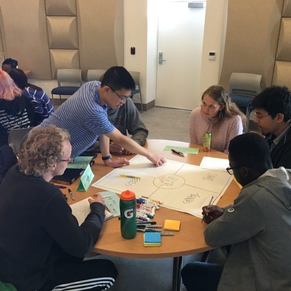 Students gathered around a table brainstorming.