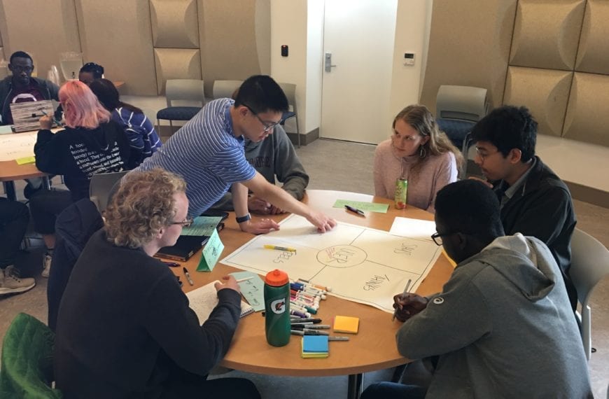 Students gathered around a table brainstorming.