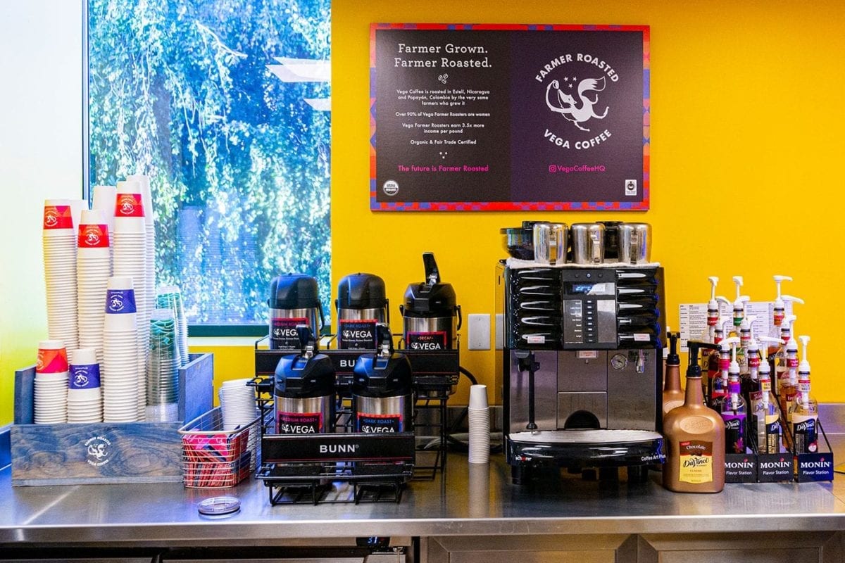 Coffee decanters and equipment in the Library Cafe, serving Vega Coffee