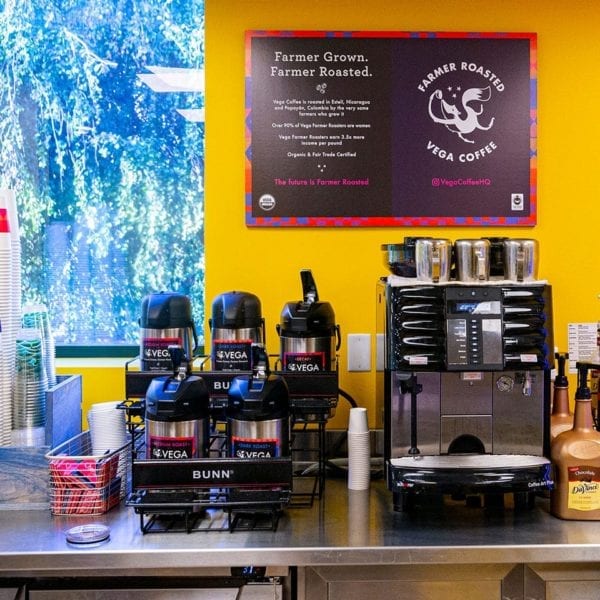 Coffee decanters and equipment in the Library Cafe, serving Vega Coffee