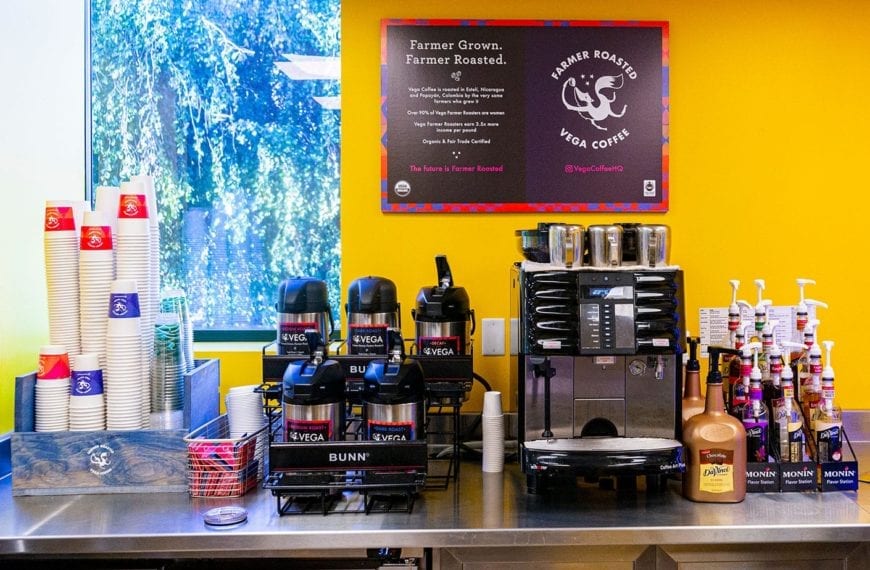 Coffee decanters and equipment in the Library Cafe, serving Vega Coffee