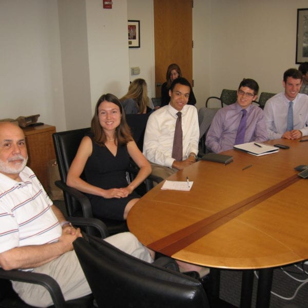Students in Carola Binder's class on the Federal Reserve meet former Federal Reserve Chair Ben Bernanke at the Brookings Institute