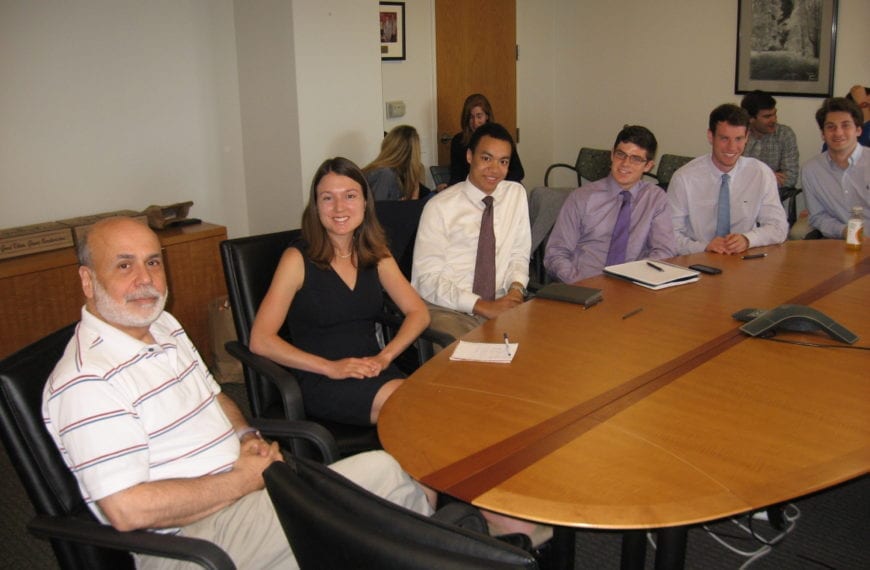 Students in Carola Binder's class on the Federal Reserve meet former Federal Reserve Chair Ben Bernanke at the Brookings Institute