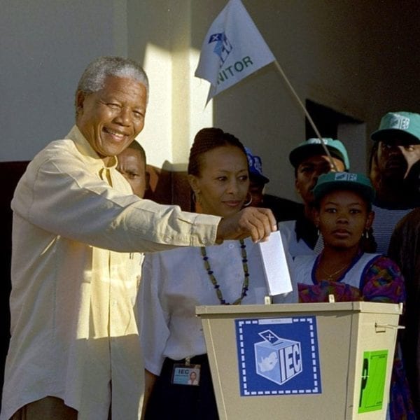 Nelson Mandela casts his vote during South Africa's first all-race elections at Ohlange High School in Inanda.