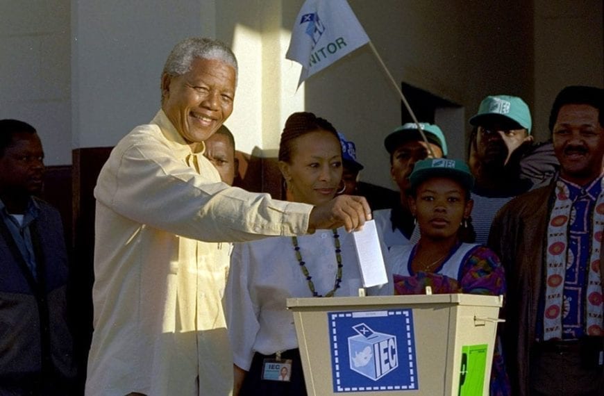 Nelson Mandela casts his vote during South Africa's first all-race elections at Ohlange High School in Inanda.