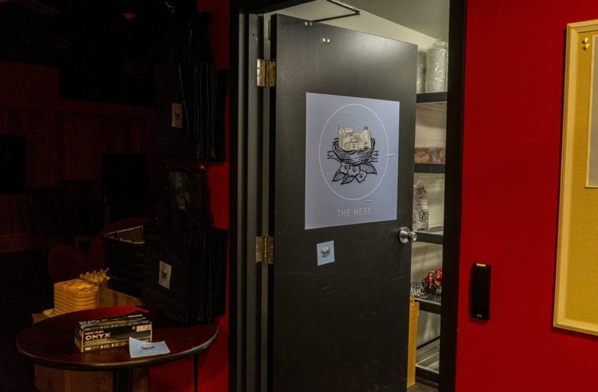 Black door open with the blue nest logo on it