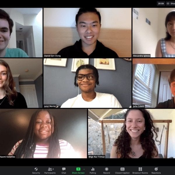 A Zoom grid of the eight Haverford seminar participants' faces.