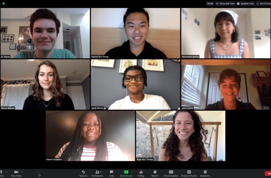 A Zoom grid of the eight Haverford seminar participants' faces.