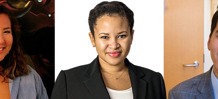 Three headshots of Emily Shaw, Jillian Kirn, and Alex Sah