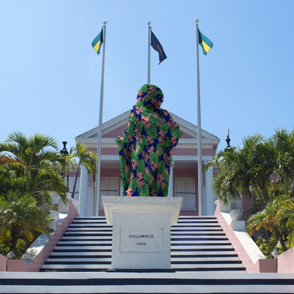 A photograph of a statue of Columbus in front of the Government House in Nassau