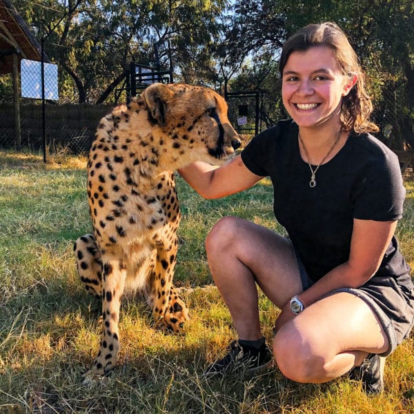 Marisa in a black t-shirt and shorts crouching next to a cheetah.