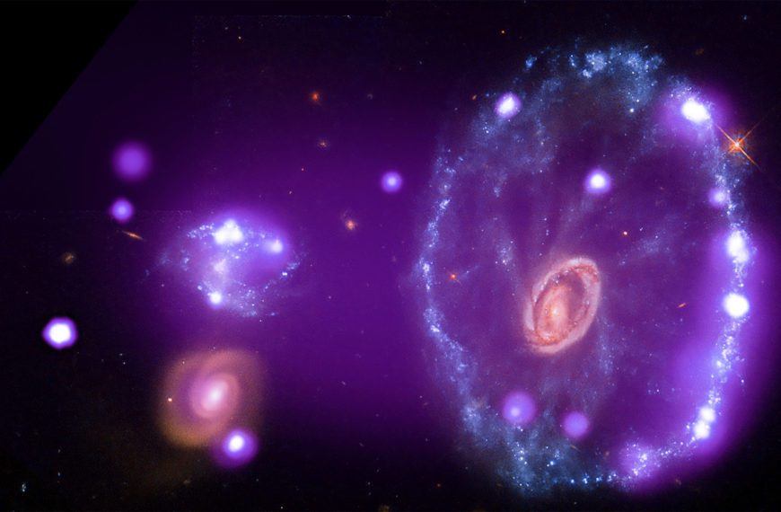 A purple bullseye in space that is the Cartwheel Galaxy