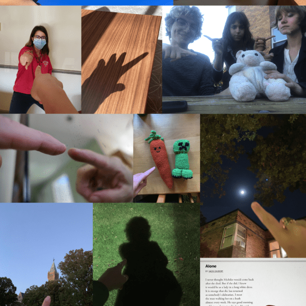 A collage of images of students pointing at things, from the moon to a shadow to a toy.