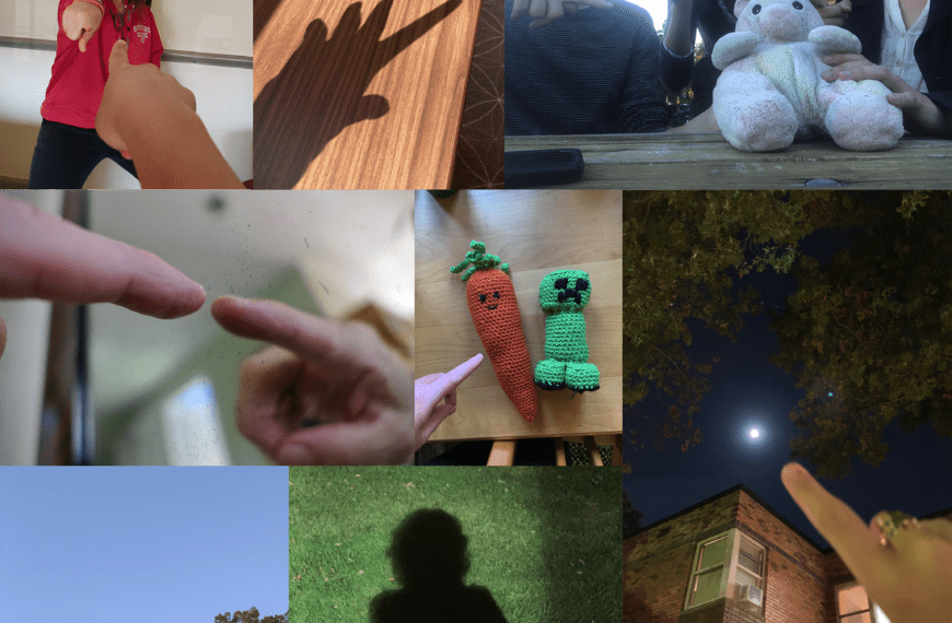 A collage of images of students pointing at things, from the moon to a shadow to a toy.
