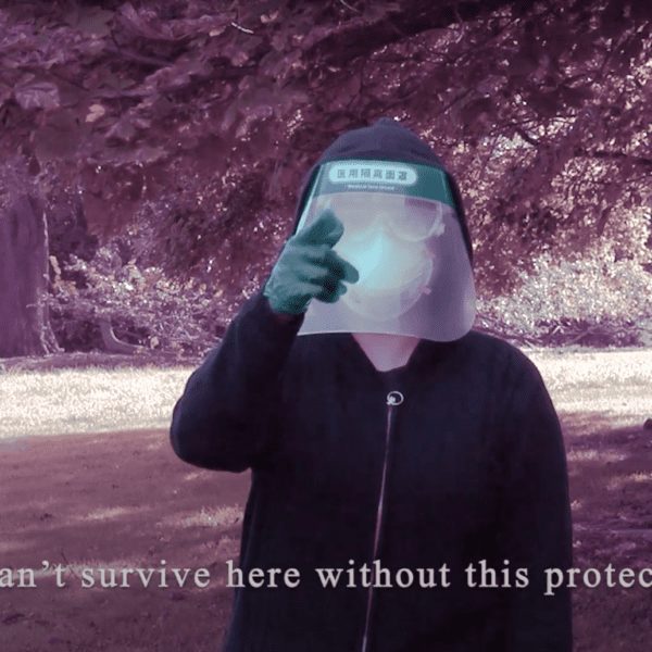 A purple-tinged outdoor scene with a person wearing a mask and face shield and captions below them saying "You can't survive here without this protections."