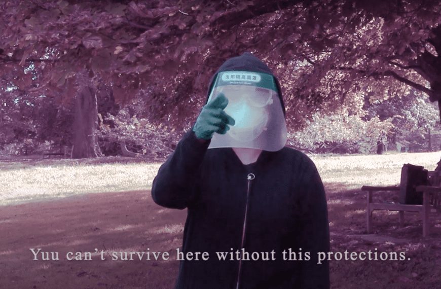 A purple-tinged outdoor scene with a person wearing a mask and face shield and captions below them saying "You can't survive here without this protections."