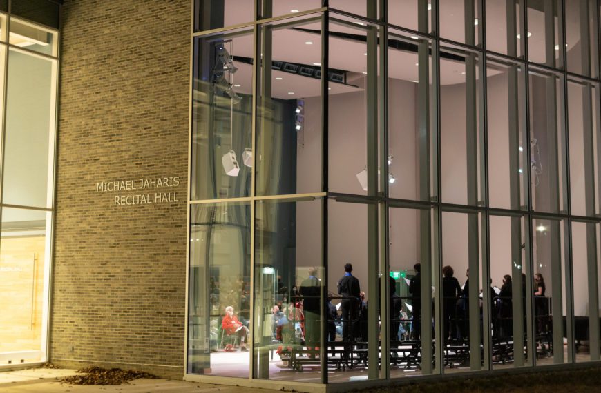 A view into the glass-walled recital hall during the Chamber Singers concert