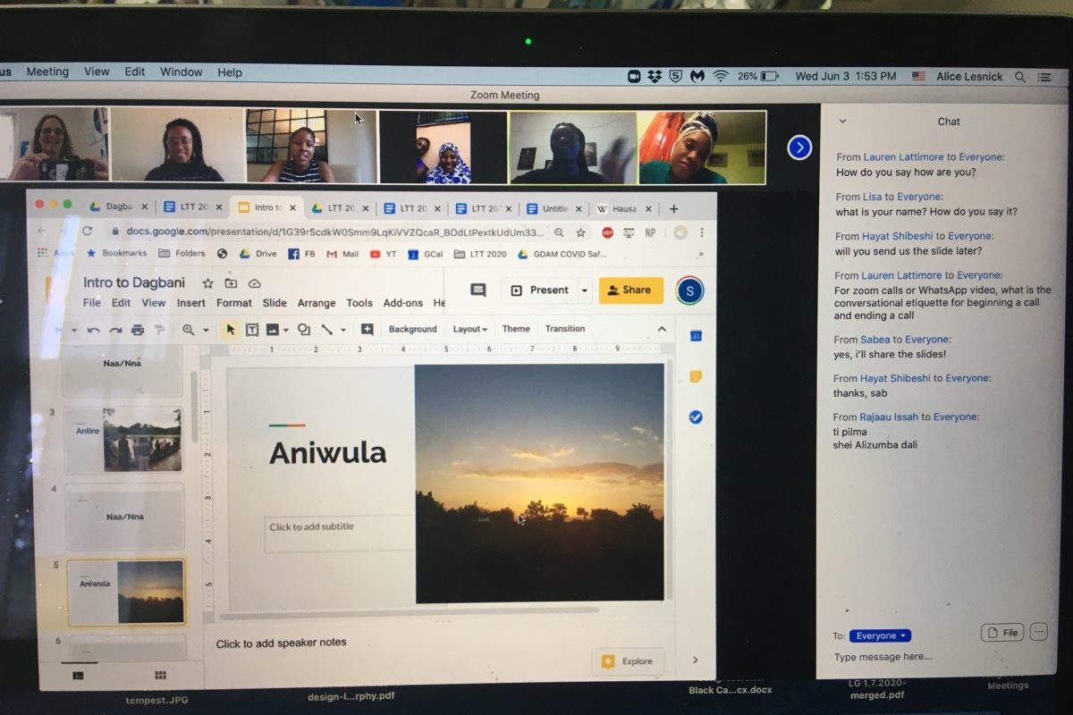 A screenshot of a zoom screen with faces of students in the class across the top and Intro to Dagbani slide on the shared screen.