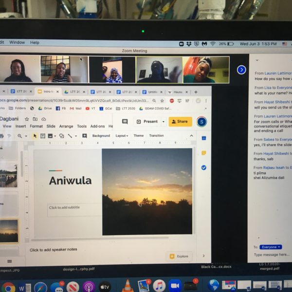 A screenshot of a zoom screen with faces of students in the class across the top and Intro to Dagbani slide on the shared screen.