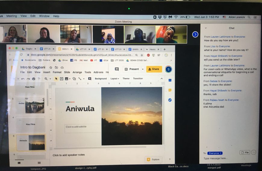 A screenshot of a zoom screen with faces of students in the class across the top and Intro to Dagbani slide on the shared screen.