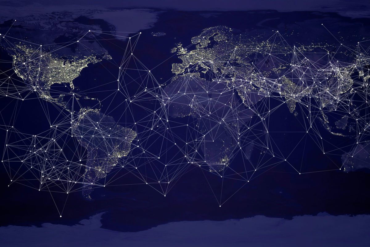 A blue satellite map of the word with list up cities and a grid of connections between them