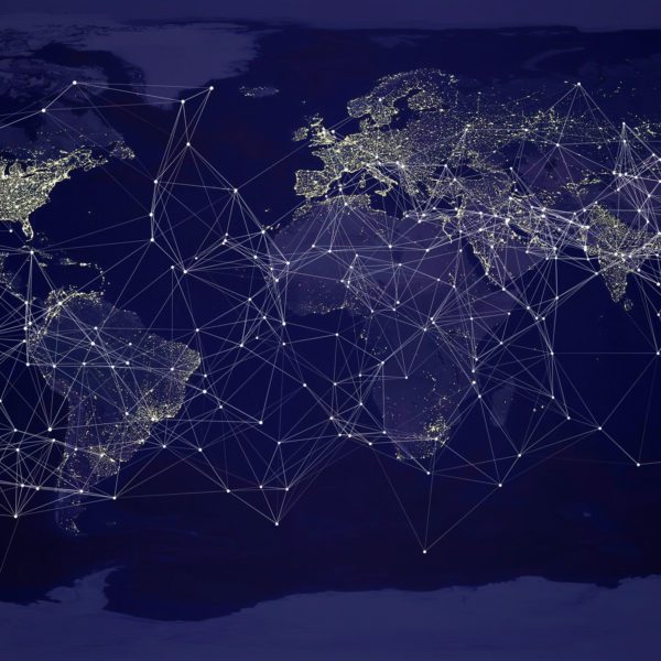 A blue satellite map of the word with list up cities and a grid of connections between them