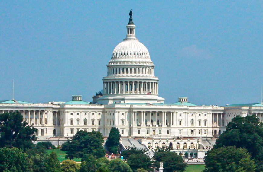 The U.S. capital building photographed against a bright blue sky