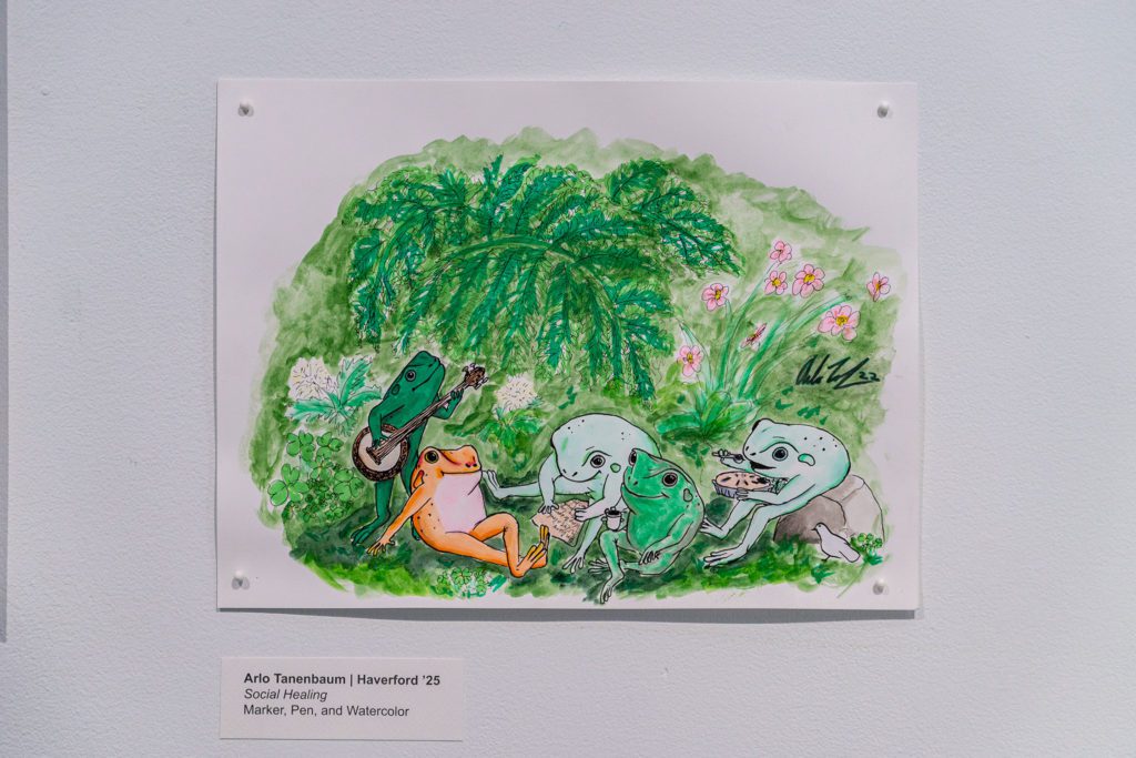 A watercolor and pen drawing of frogs having a picnic, playing music and eating together.