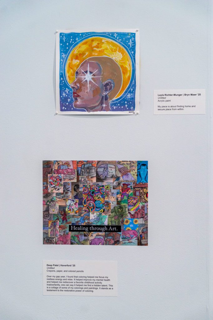 A painting of a woman with a star in her eye set against the sun in space on top of a crayon and colored pencil drawing featuring panels of trucks and swirls and animals with the words "Healing through Art" superimposed on top.