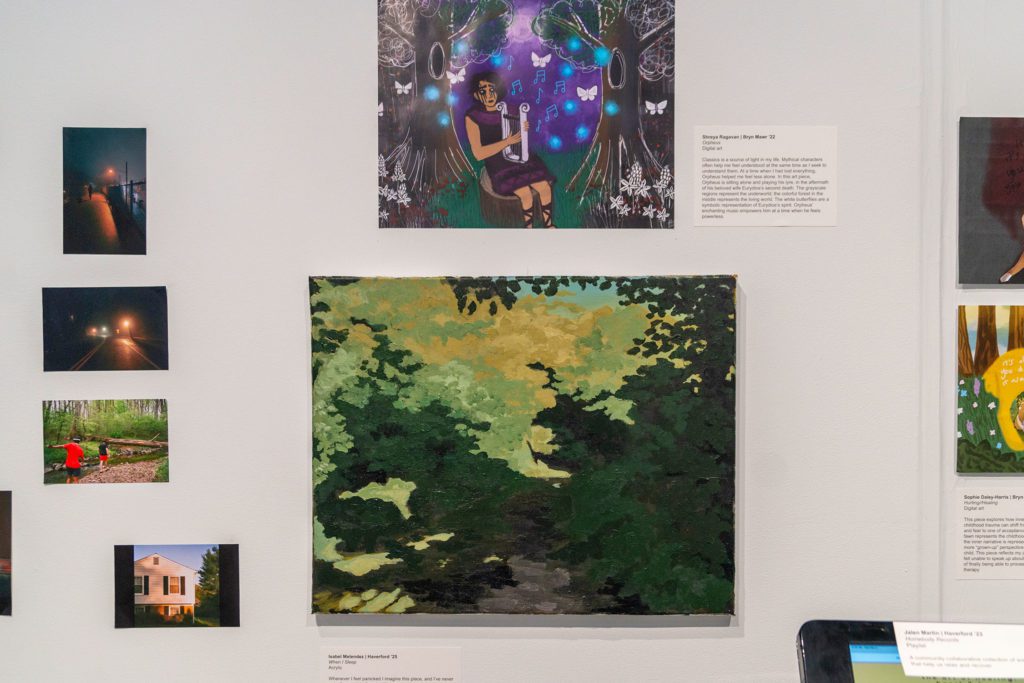 A painting of sad Orpheus playing his lyre between two trees and a calming green nature scene.