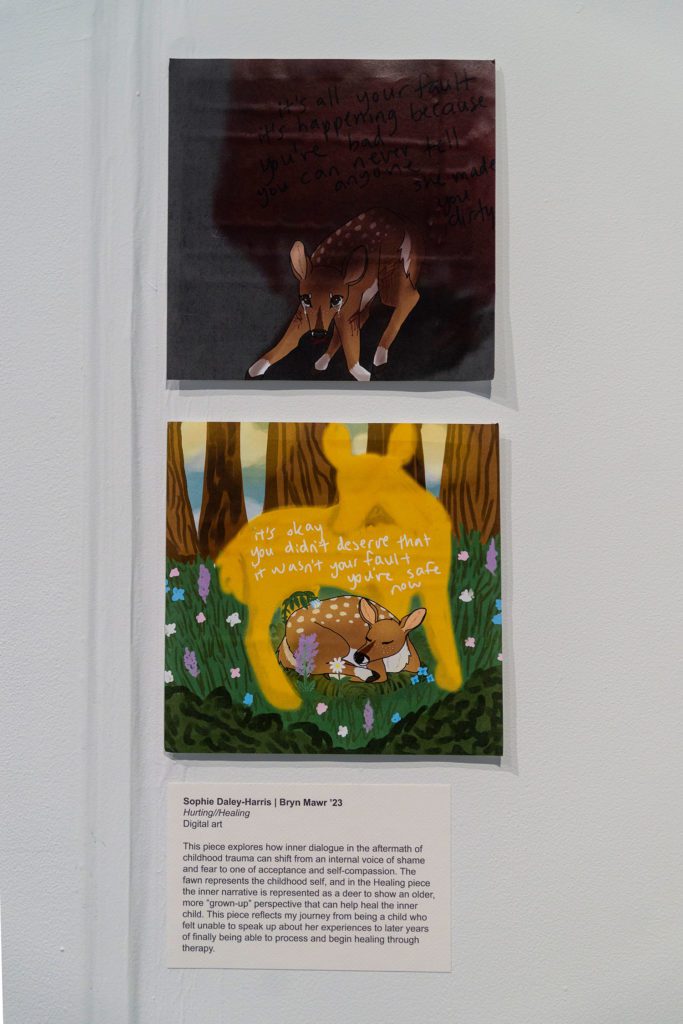 A dark painting of a scared, weeping fawn on top of a painting of a relaxed fawn sleeping in a colorful meadow surrounded by a yellow spirit of a fawn with the words "It's okay, you didn't deserve that. It wasn't your fault. You're safe now." painted on it.