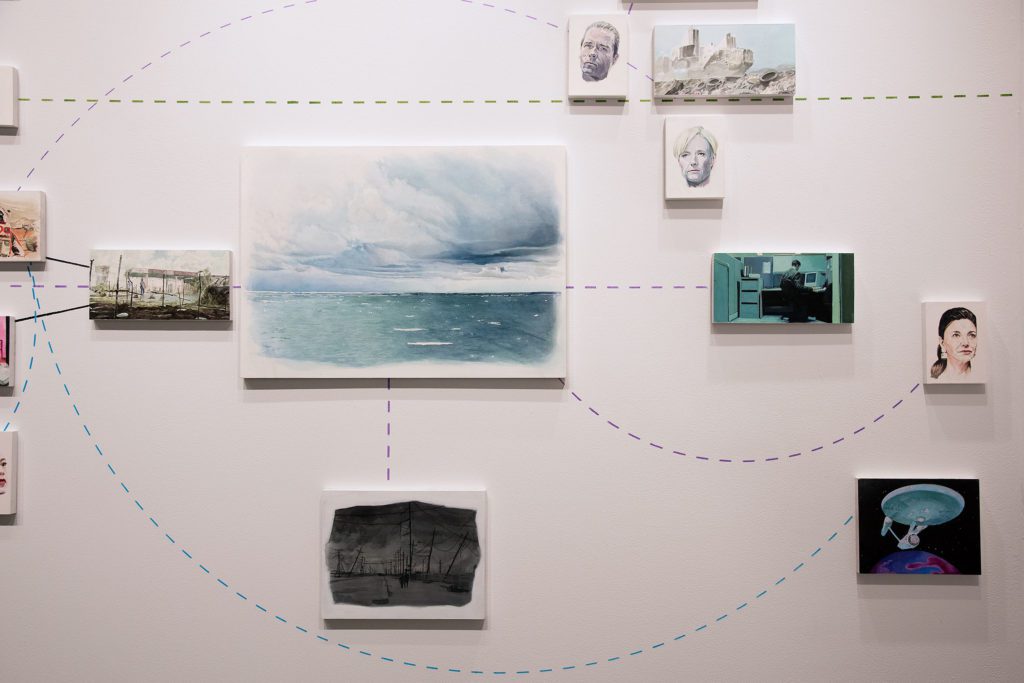 Nine different drawings and paintings connected by dotted lines.