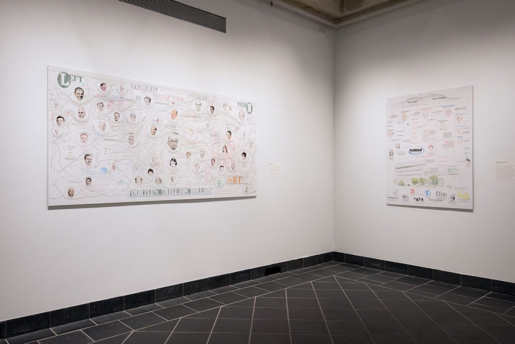 A piece depicting connections in finance next to a piece depicting the relationship between the Purdue Pharma family and major cultural institutions