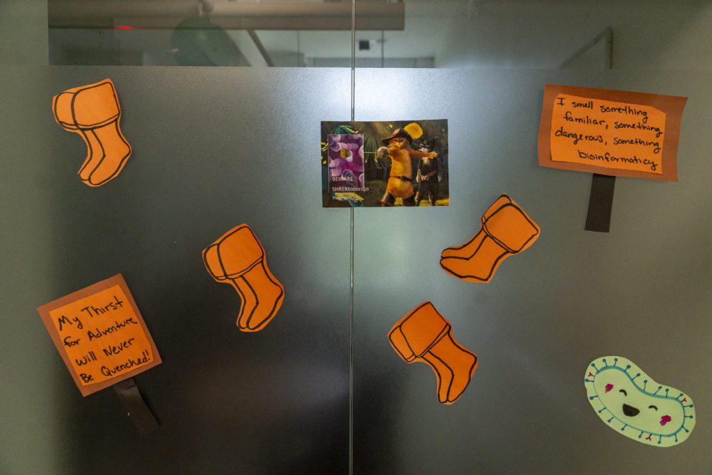 A Puss N Boots photo with the worlds "SHREKocoocus" written on them appear on a door along with several pairs of orange boots and a drawing of a cell