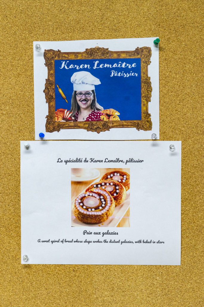 A closeup of the French recipe "Speciality" of Karen Masters that was posted on her office door.