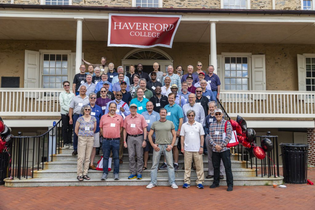 About 45 members of the Class of 1982 fills Founders Porch for their class portrait.