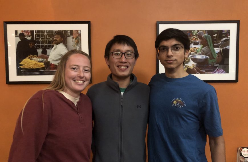 Trinity Kleckner '24, Sam Tan '23, and Wahub Ahmed '25 stand together.