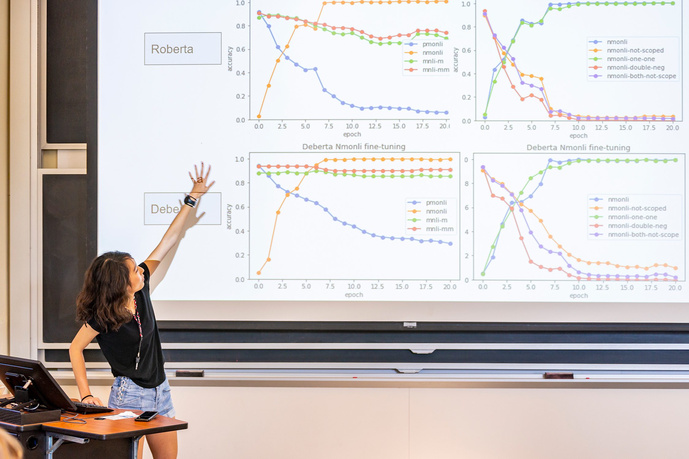 Selena She '23 points to the screen as part of her lightning talk presentation. Photo by Patrick Montero.
