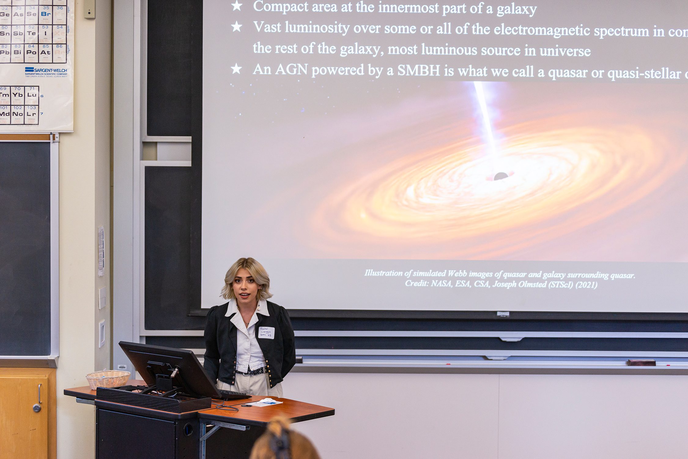 Rachel Langgin BMC '23 presents their research in a lightning talk at the Undergraduate Science Research Symposium. Photo by Patrick Montero.
