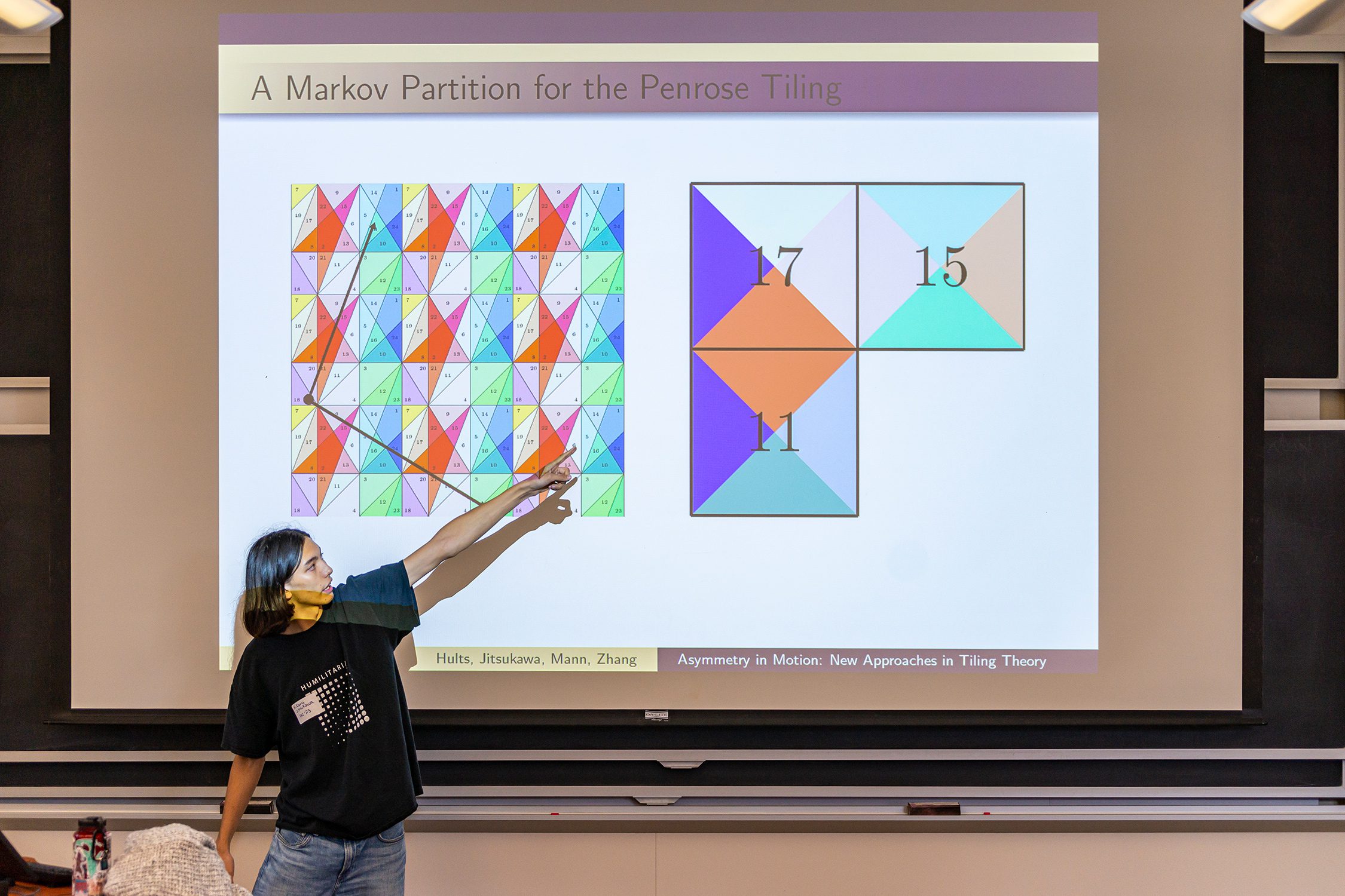 Hikaru Jitsukawa '23 presents his research to an audience by pointing at the screen. Photo by Patrick Montero.