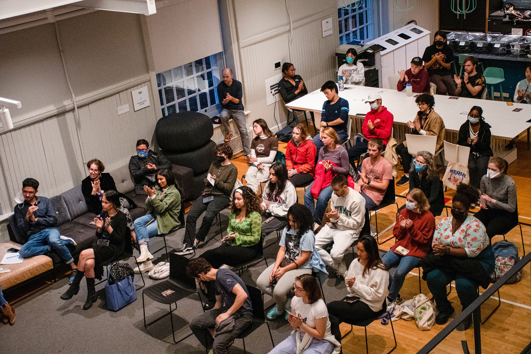 Overhead shot of members of the Haverford community at the BL Shirelle event.