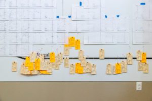 Tan and orange tags are tacked on a map of the Arizona-Mexico border.