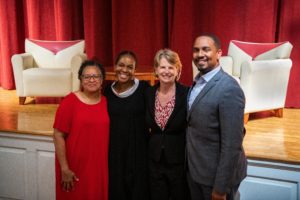 Imani Perry poses with Provost Linda Strong Leek, President Wendy Raymond, and Dean John McKnight.